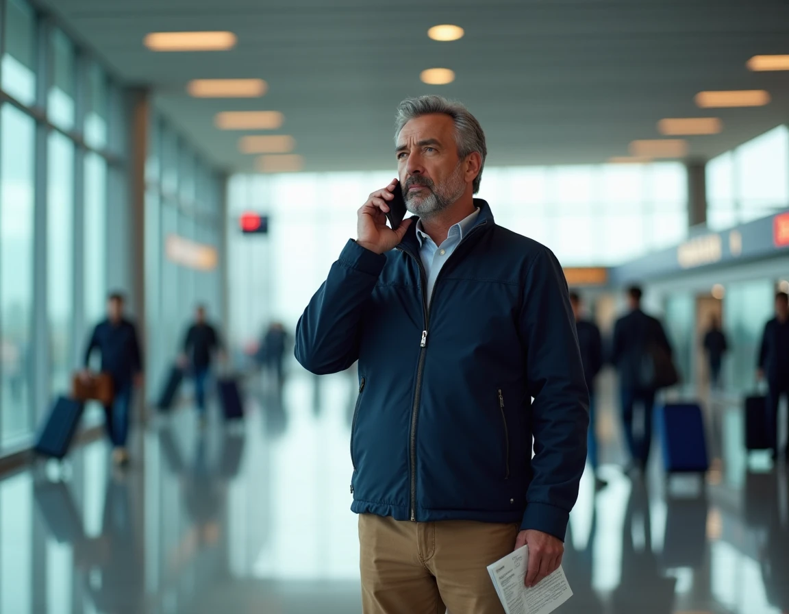 Homme en voyage appelant le service client Sosh depuis un aéroport à l'étranger