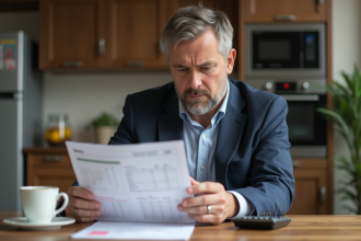 Homme d'âge moyen en costume examine ses relevés bancaires à la maison