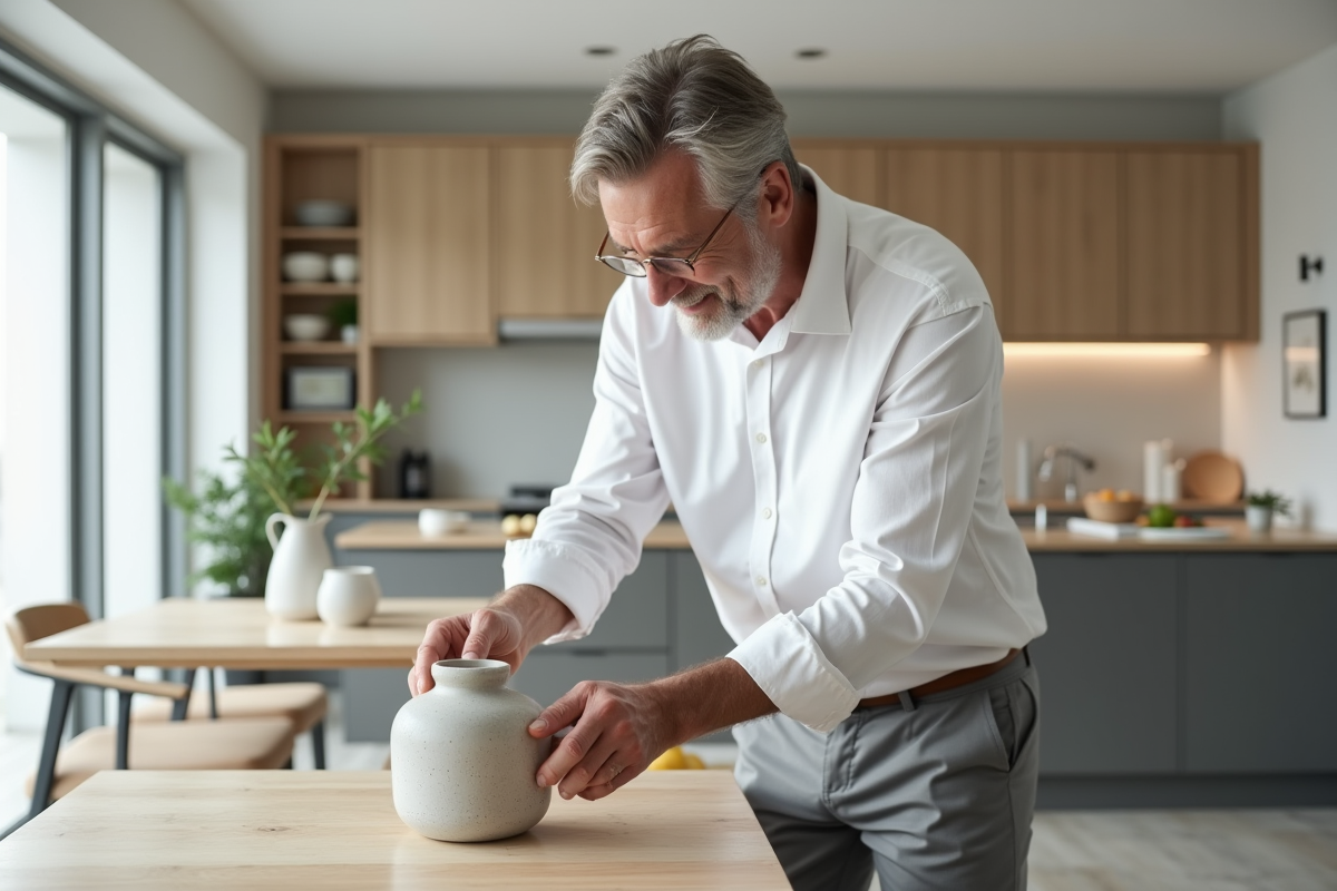 Homme arrangeant un vase dans une cuisine minimaliste