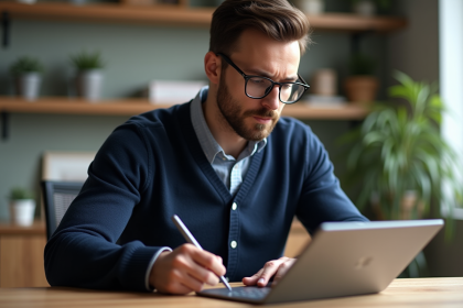 Homme en bureau moderne utilisant une tablette numérique