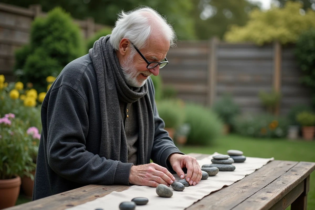 Homme âgé sélectionnant une pierre dans un jardin