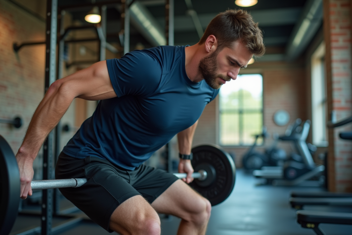 homme-deadlift-gym Homme concentré en train de faire un deadlift en salle de sport