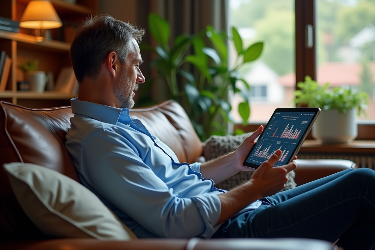 Homme d âge moyen avec tablette dans un salon cosy
