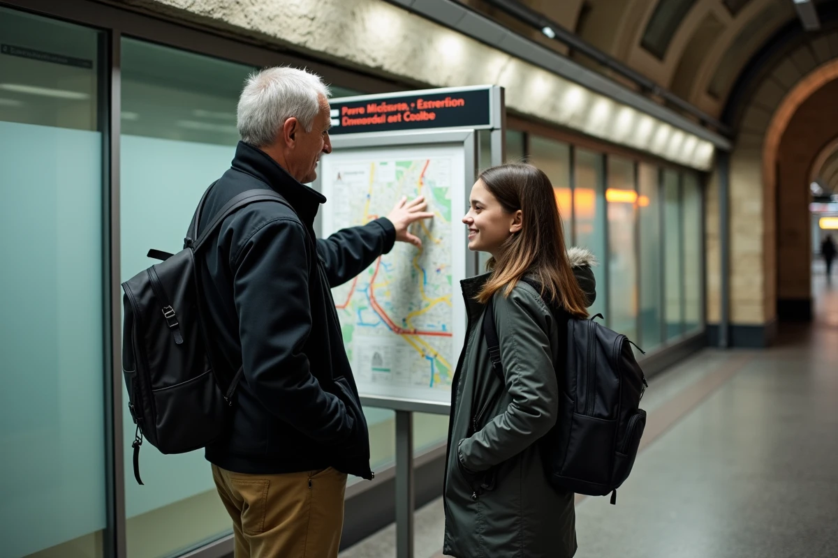 Homme guide montrant le plan du métro à une adolescente à Pont Marie