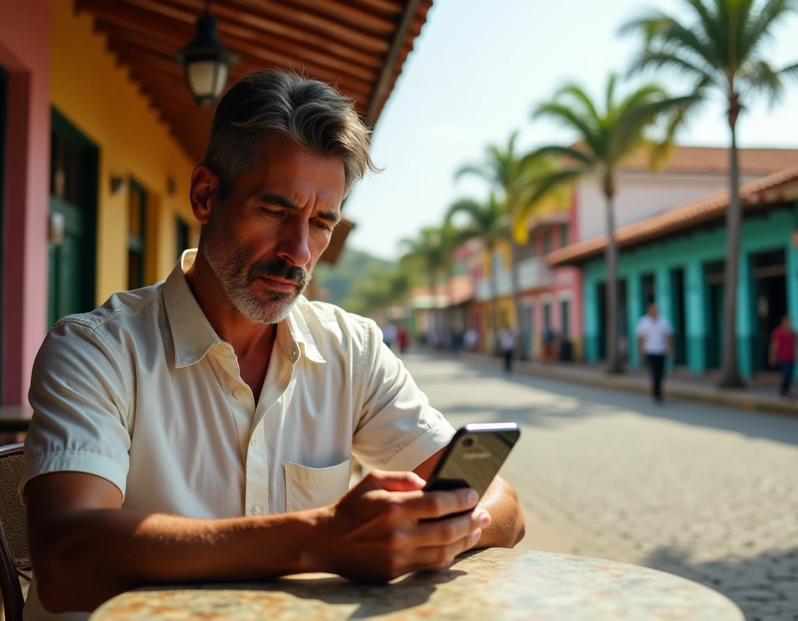 Homme vérifiant l'heure en Guyane sur son smartphone dans une place coloniale caribéenne