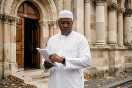 Homme consultant l'horaire de la prière du vendredi à l'entrée d'une mosquée à Orléans