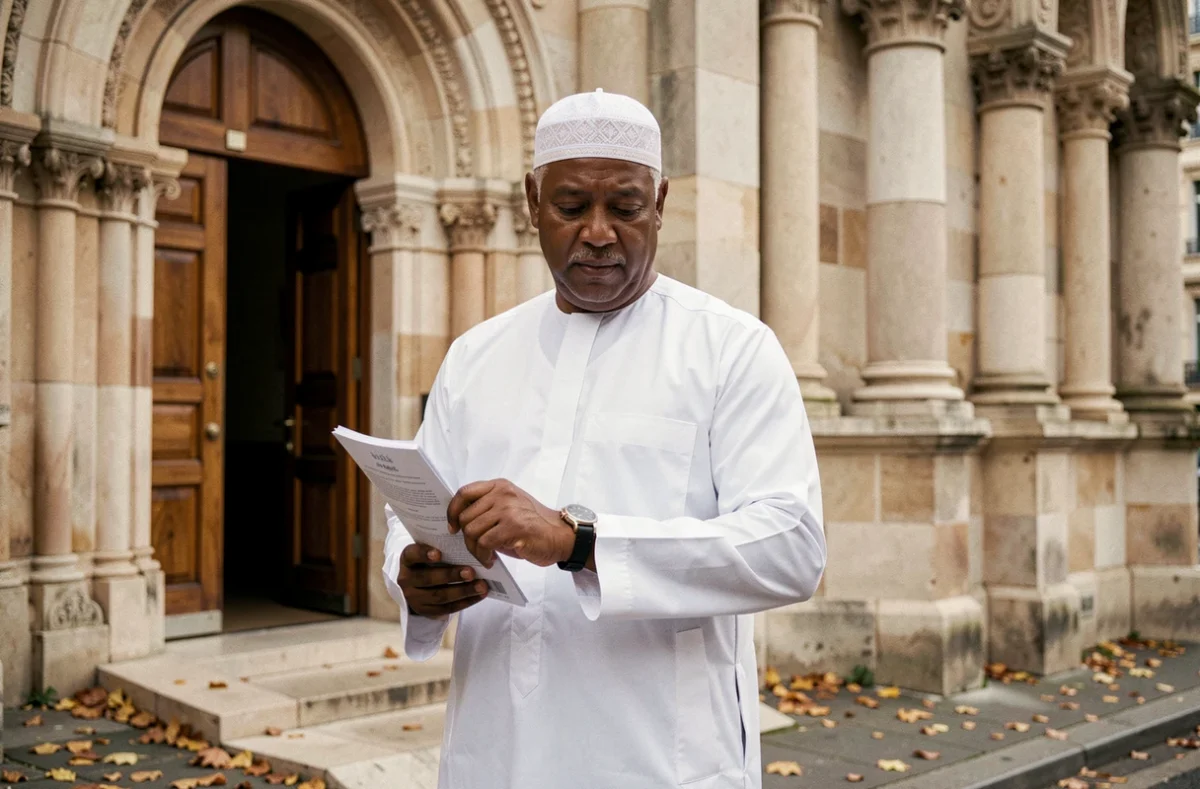 Homme consultant l'horaire de la prière du vendredi à l'entrée d'une mosquée à Orléans