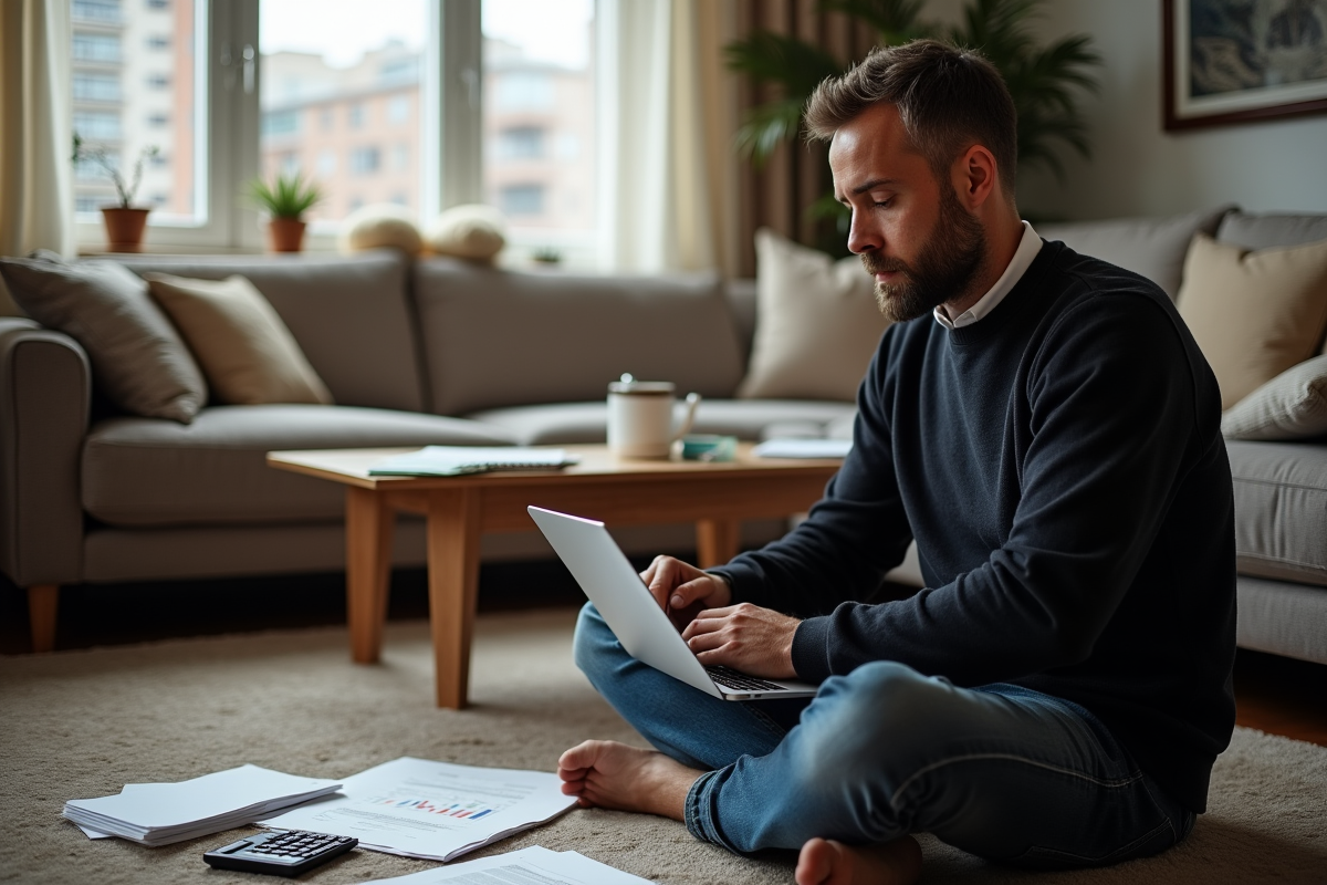 Homme concentré avec documents et calculatrice à la maison