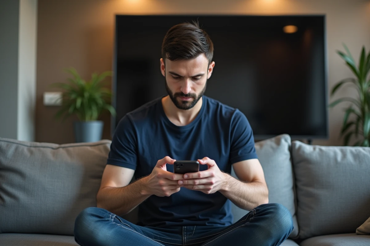 Homme jouant à un jeu mobile sur canapé dans un salon moderne, illustrant les stratégies Monopoly GO