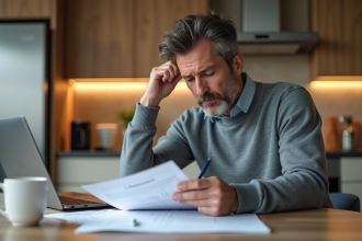 Homme d'âge moyen examine des documents immobiliers à la maison