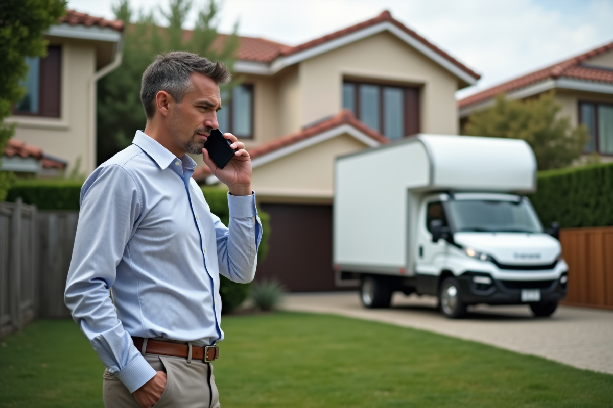 Homme parlant au téléphone devant une maison en vente