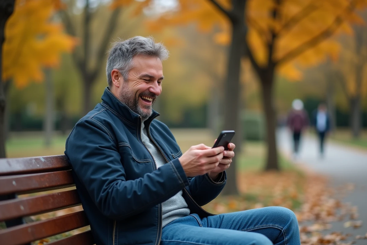 Homme souriant en lisant un message humoristique bonne journée sur son téléphone dans un parc en automne