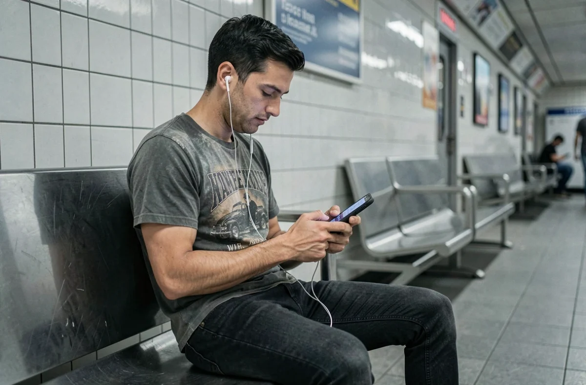 Homme dans le métro écoutant de la radio rock via une application web sur son téléphone avec des écouteurs filaires