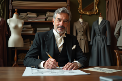 Homme élégant en costume 19e siècle dessinant des modes dans un atelier