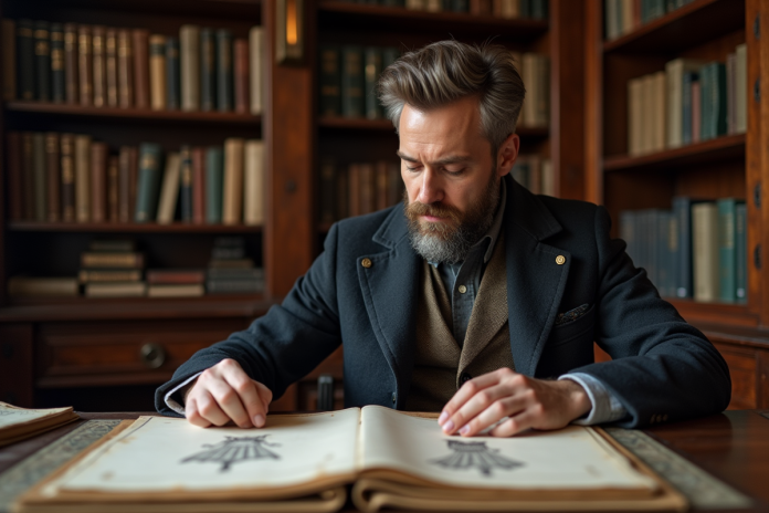 homme-mode-histoire-vintage Homme d'âge moyen étudiant des croquis de mode vintage