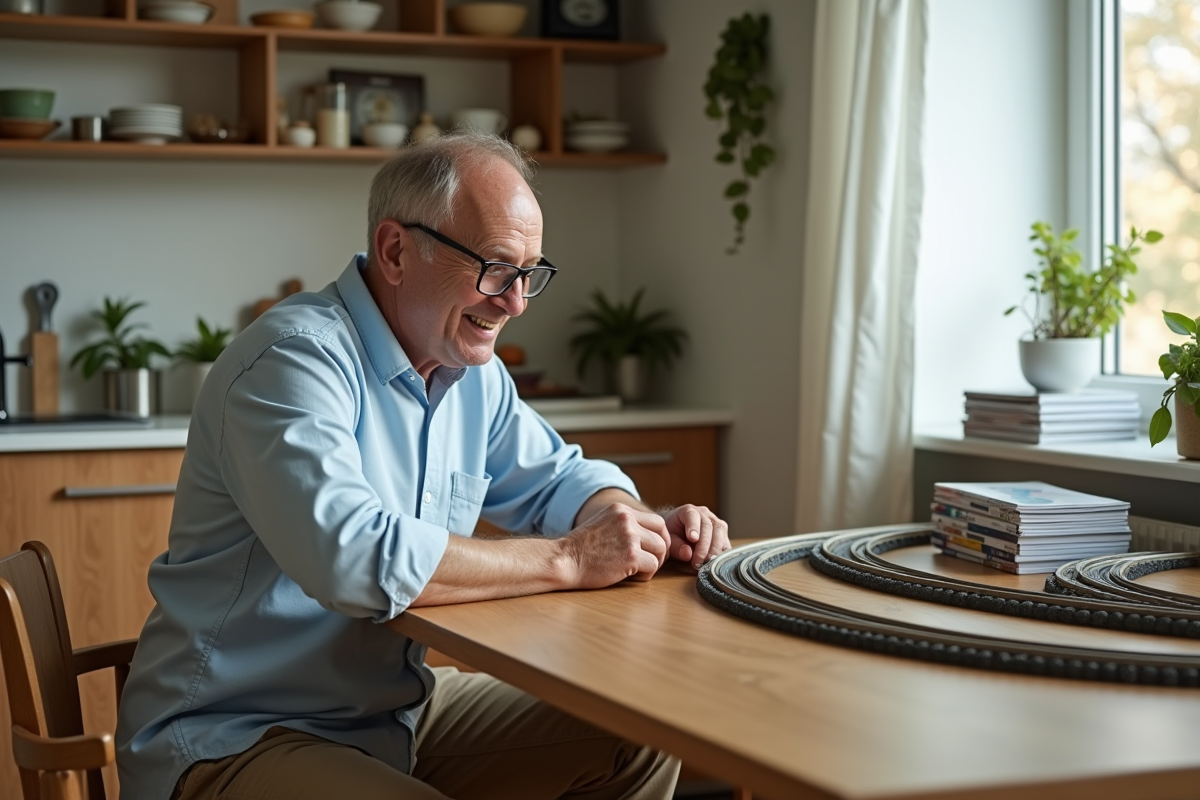 Homme concentré sur un train miniature sur la table de cuisine