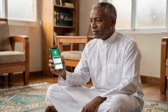 Homme musulman en djellaba blanche consultant une notification d'heure de prière sur son smartphone à Argenteuil