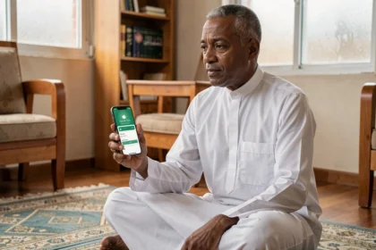 Homme musulman en djellaba blanche consultant une notification d'heure de prière sur son smartphone à Argenteuil