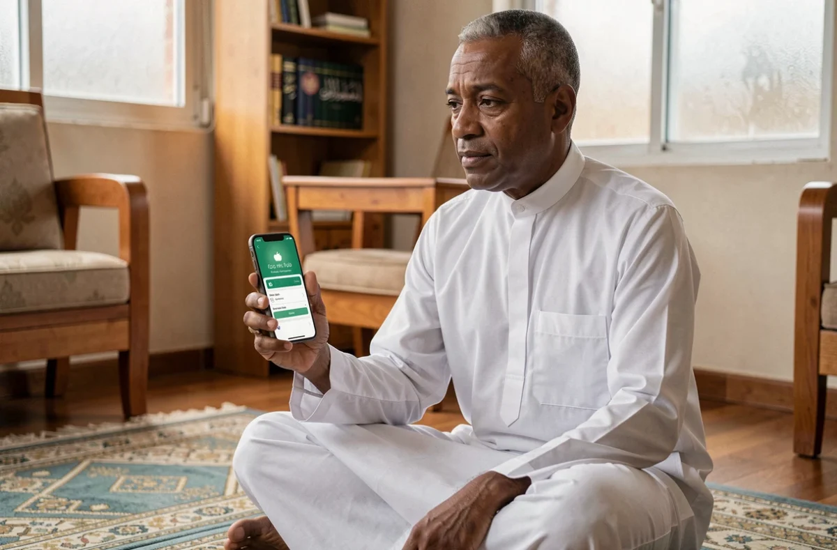 Homme musulman en djellaba blanche consultant une notification d'heure de prière sur son smartphone à Argenteuil