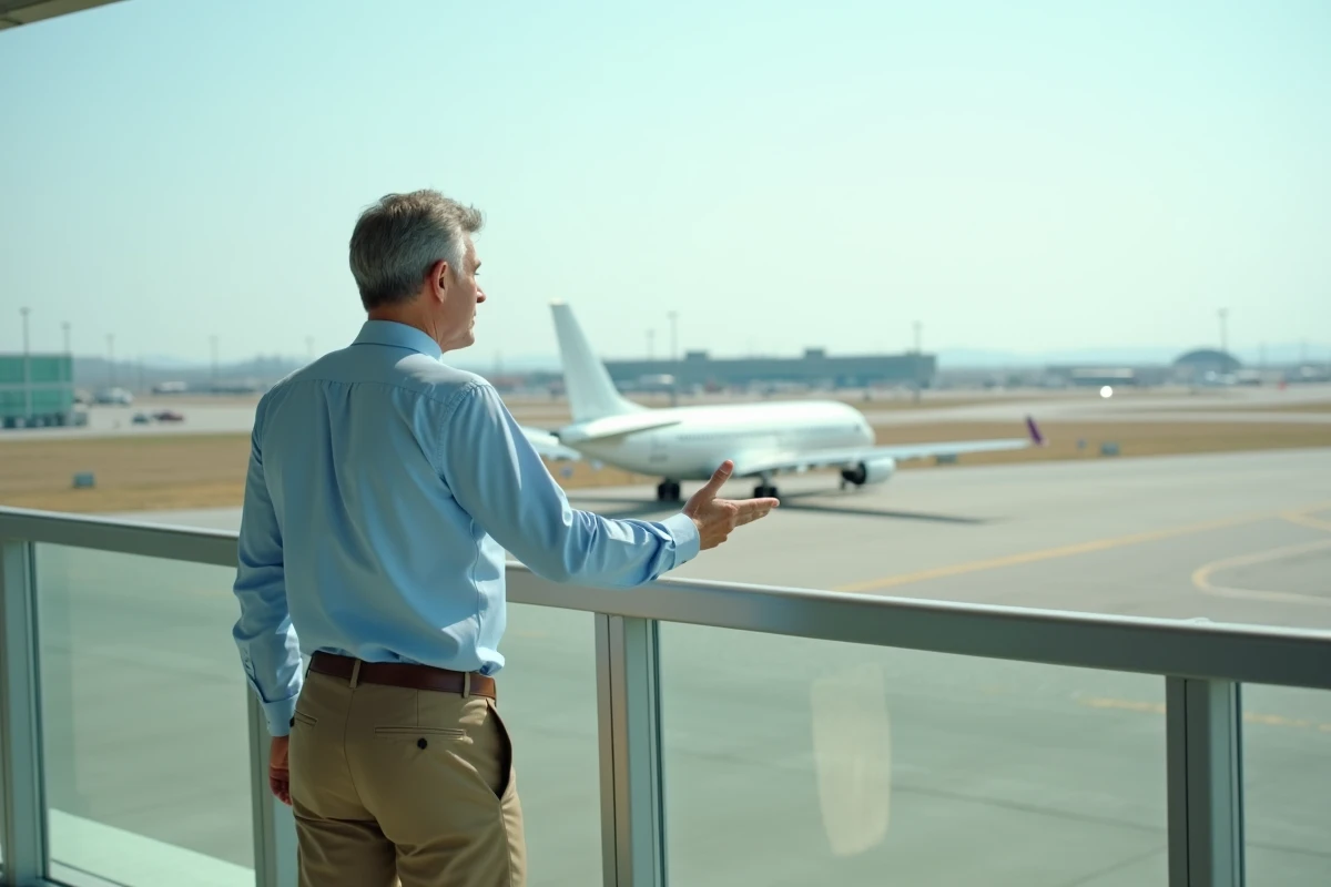 Homme en tenue casual regarde un avion sur la piste d