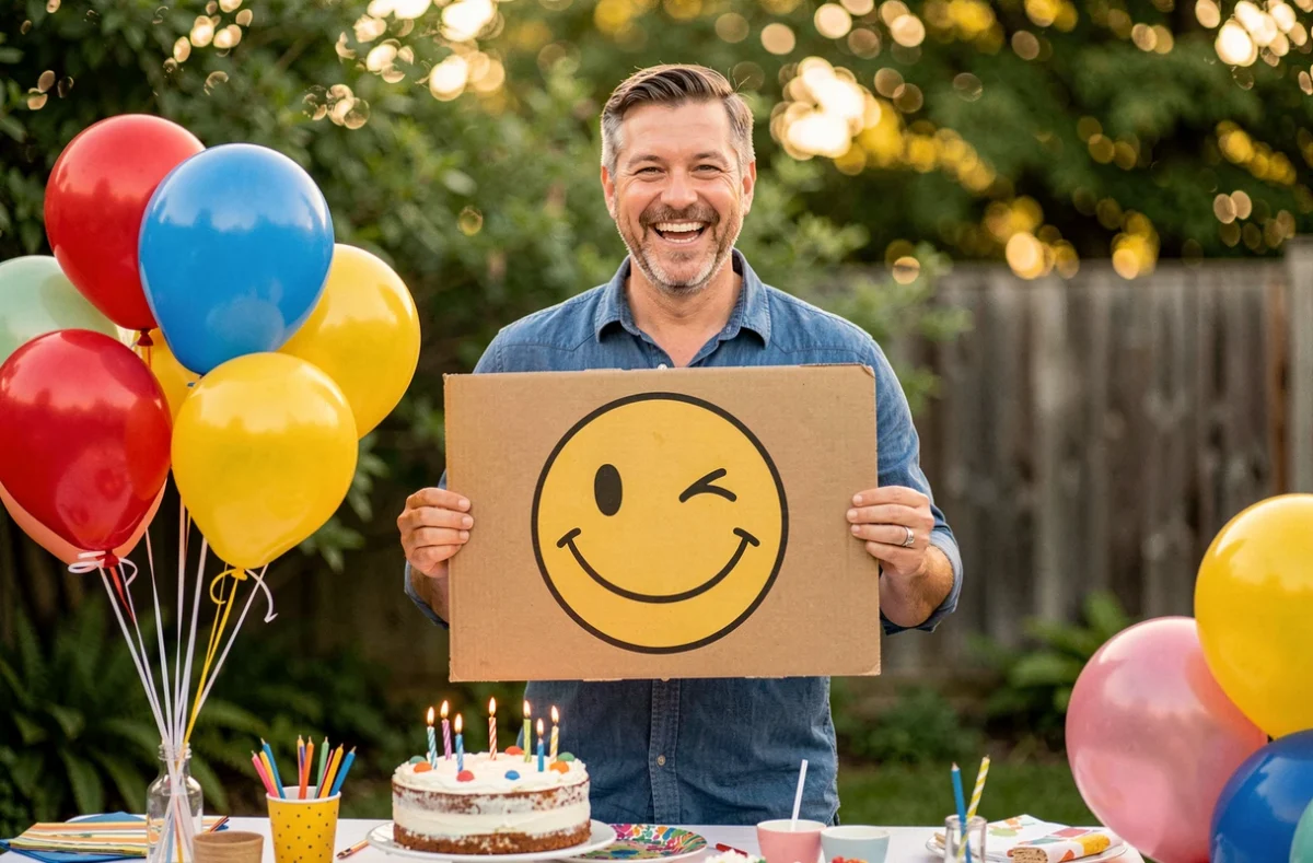 Homme tenant une pancarte avec un smiley anniversaire clin d'œil lors d'une fête d'anniversaire en plein air
