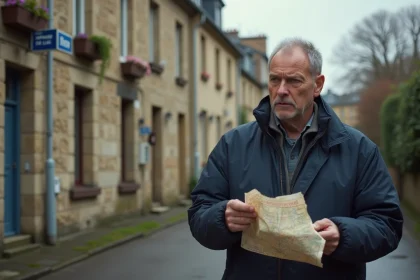 Homme d'âge moyen perdu regardant une carte froissée