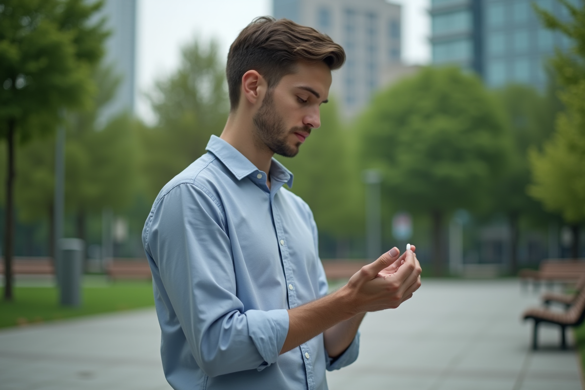 Jeune homme en extérieur prêt à prendre une pilule