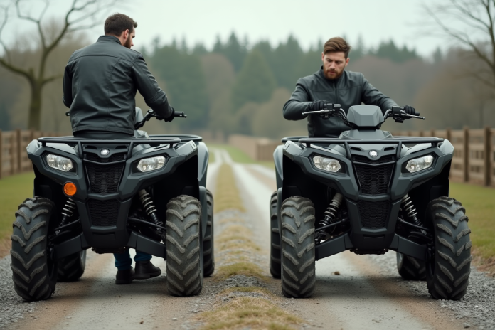 Homme inspectant deux quads en campagne