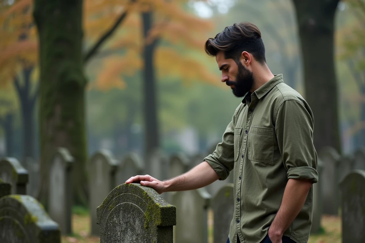 Homme se recueillant sur une tombe en pierre dans un cimetière aux arbres d'automne, geste de mémoire et de deuil discret