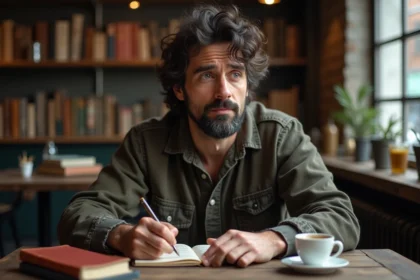 Homme pensif écrivant dans un café vintage