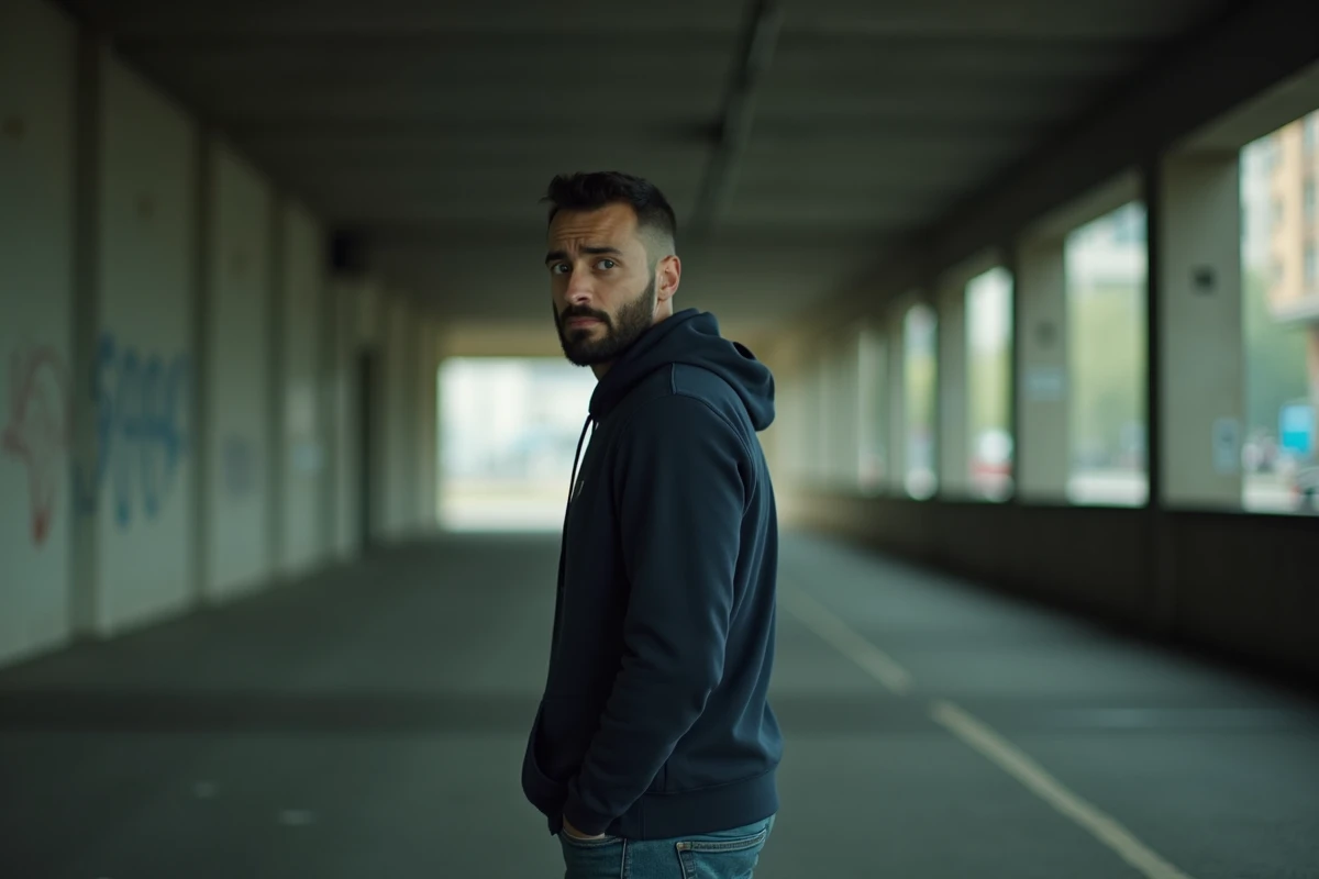 Homme seul dans un passage urbain regardant derrière lui avec méfiance, illustrant la peur inconsciente et l'insécurité psychologique