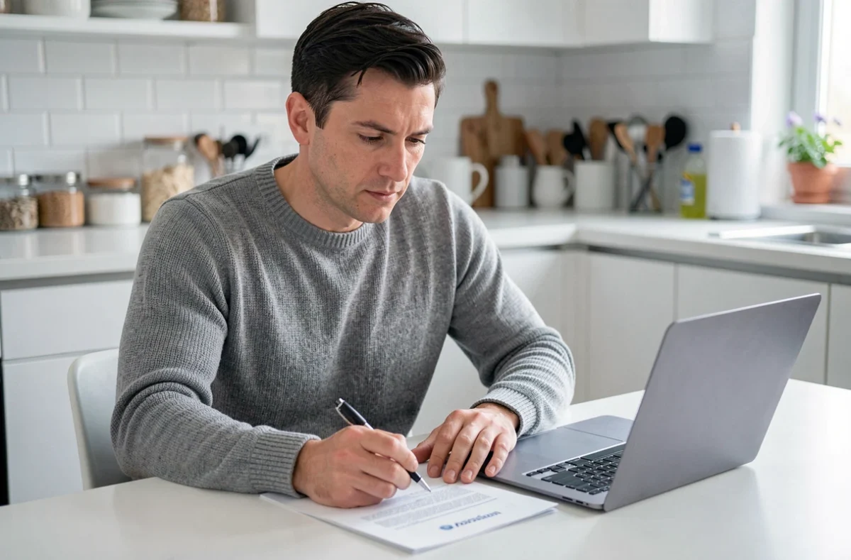 Homme signant un document de résiliation sur la table de sa cuisine avec un ordinateur portable