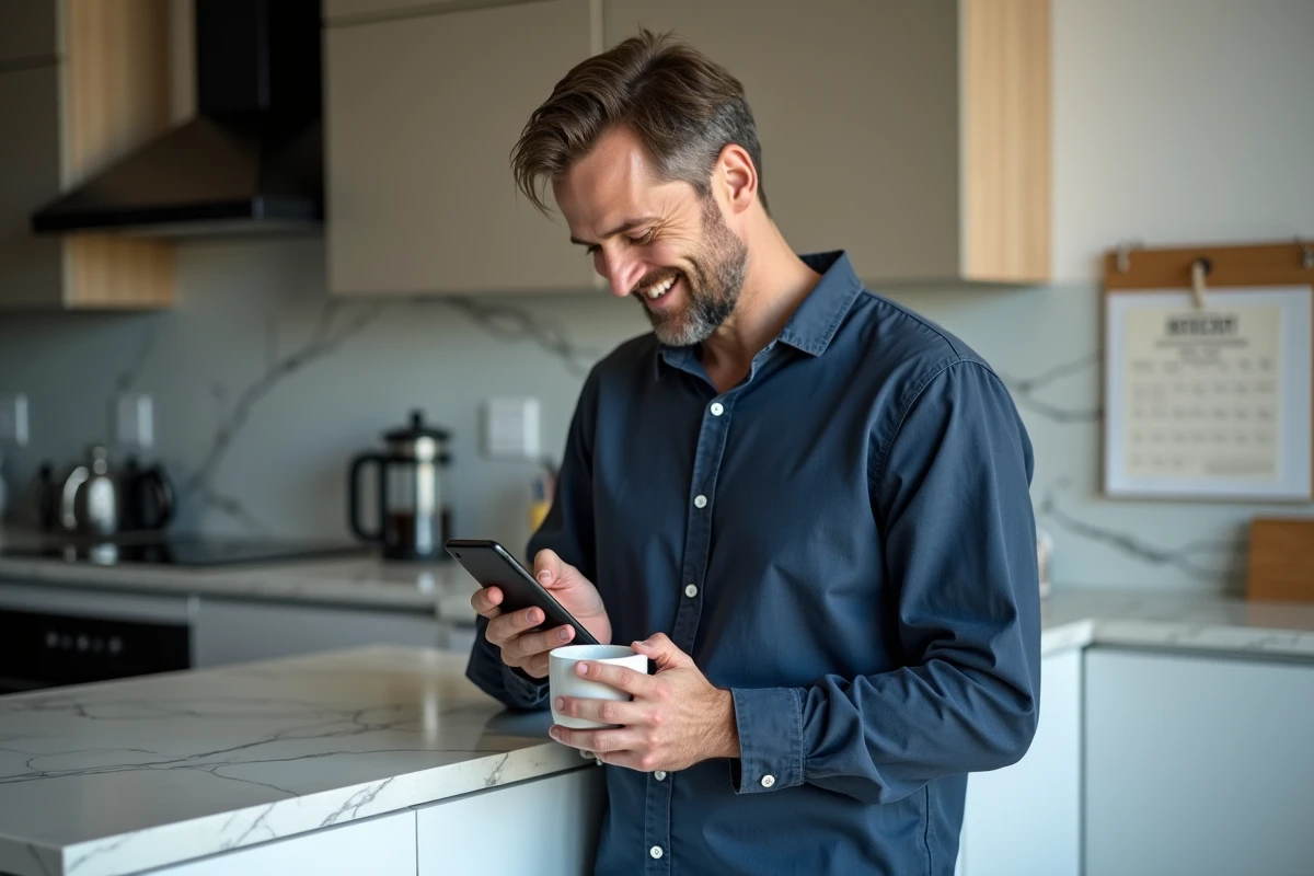 Homme découvrant le film du jour sur son smartphone dans une cuisine moderne