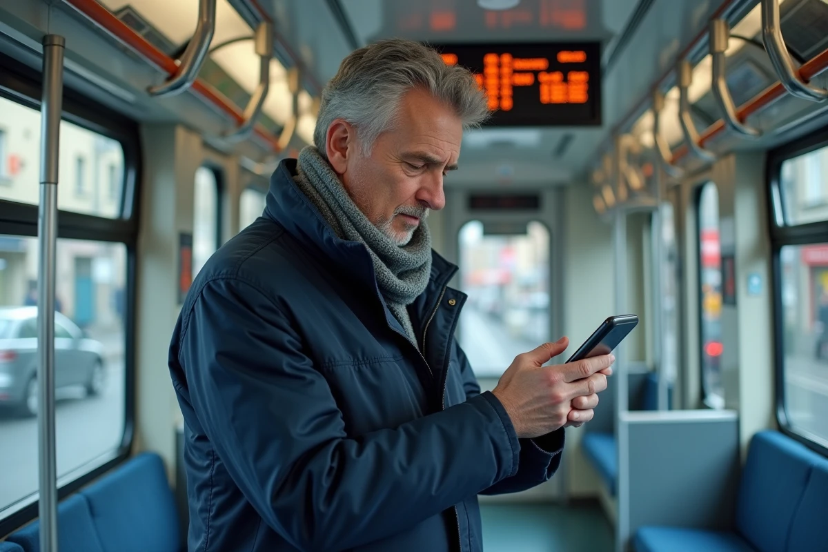 Homme utilisant son smartphone dans un tram à Grenoble