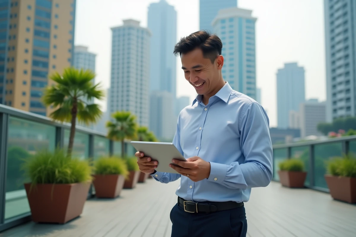 Homme asiatique souriant vérifiant ses analyses sur une tablette en ville