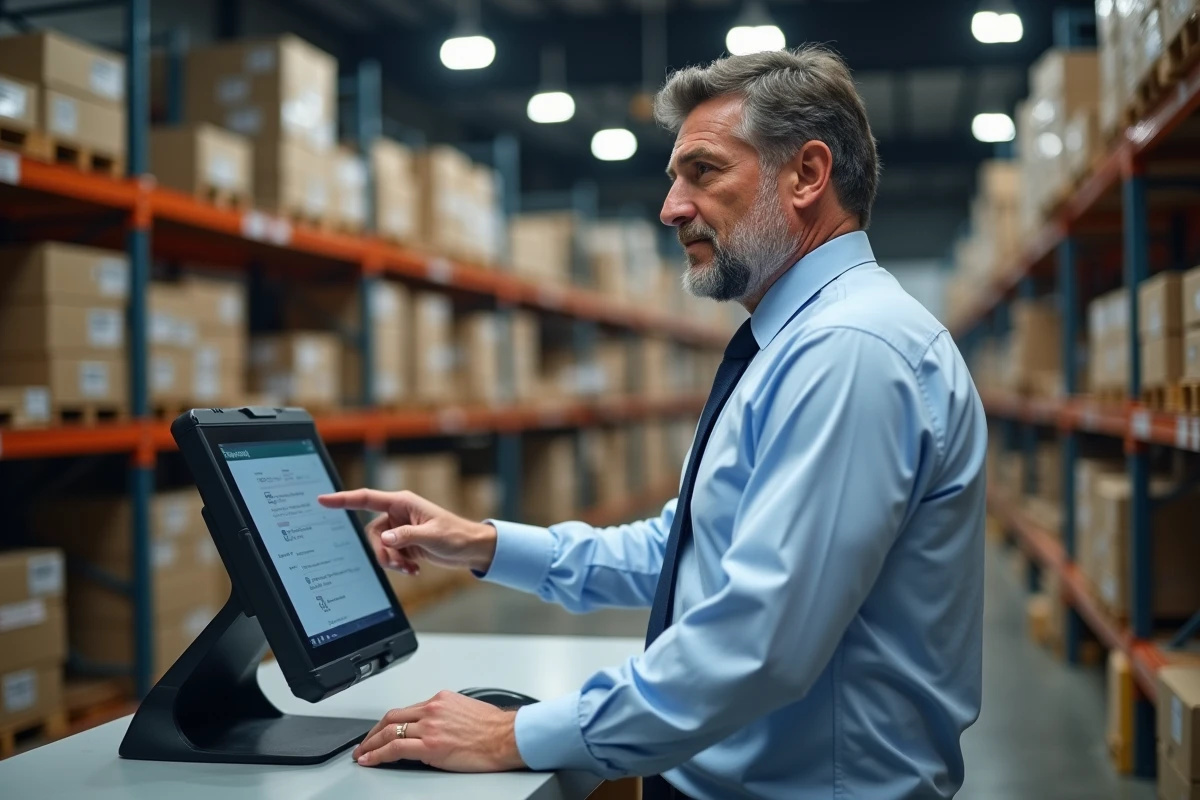 Homme utilisant un terminal de douane dans un entrepôt logistique