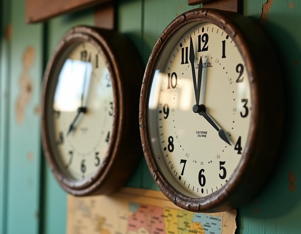 Deux horloges murales comparant l'heure de Paris et de Cayenne en Guyane française dans un espace de travail vintage