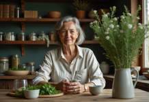 Femme préparant une infusion aux herbes dans une cuisine chaleureuse