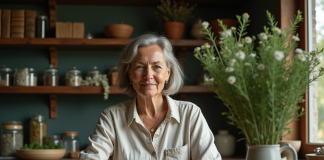 Femme préparant une infusion aux herbes dans une cuisine chaleureuse