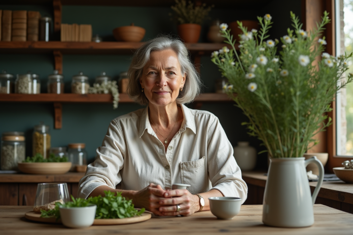 Femme préparant une infusion aux herbes dans une cuisine chaleureuse