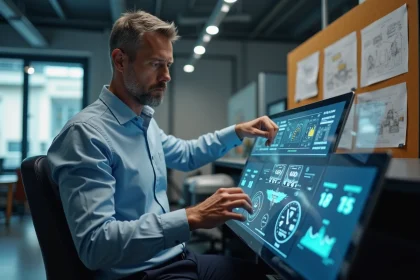 Ingénieur automobile étudiant un tableau de bord digital
