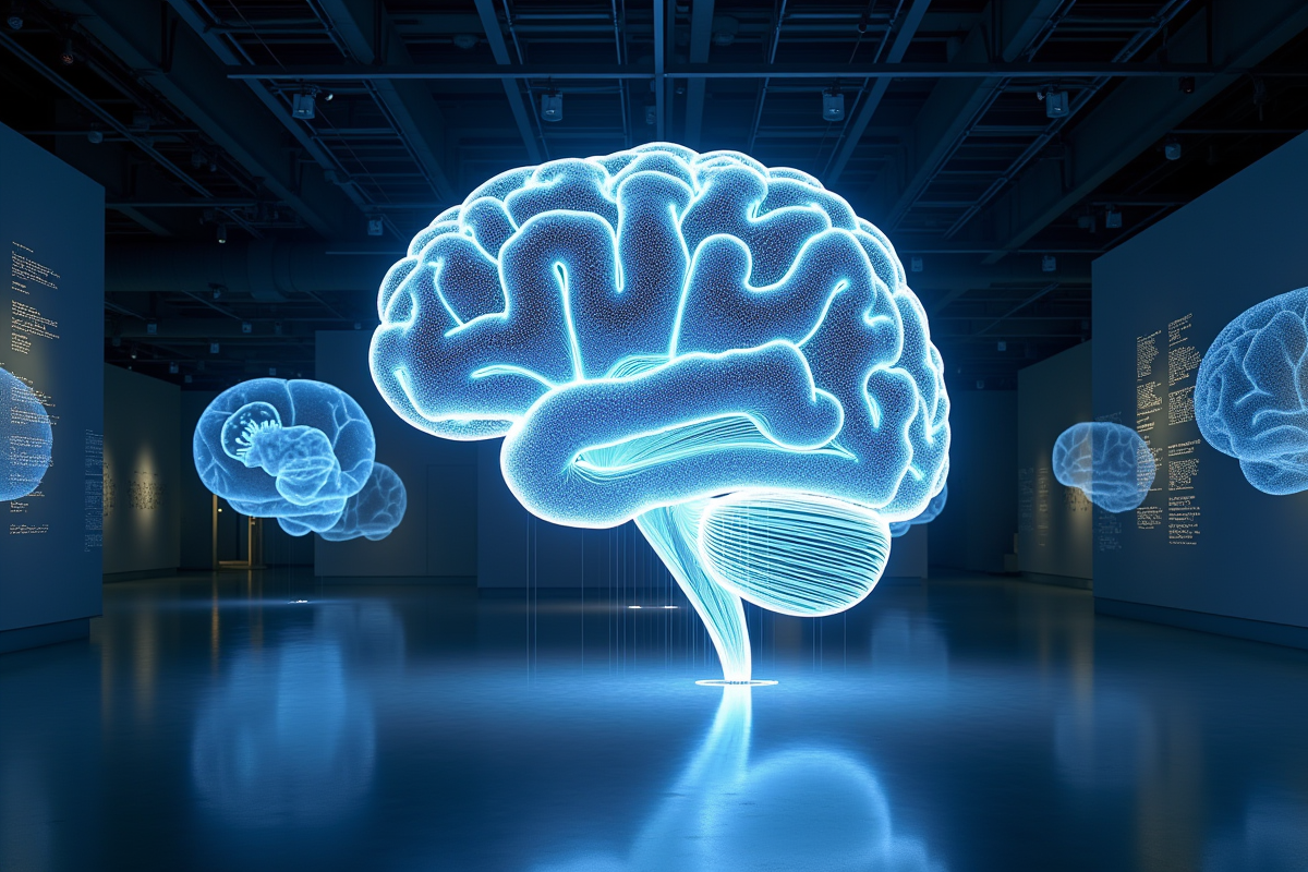 Installation artistique d un cerveau géant en fibres optiques lumineuses