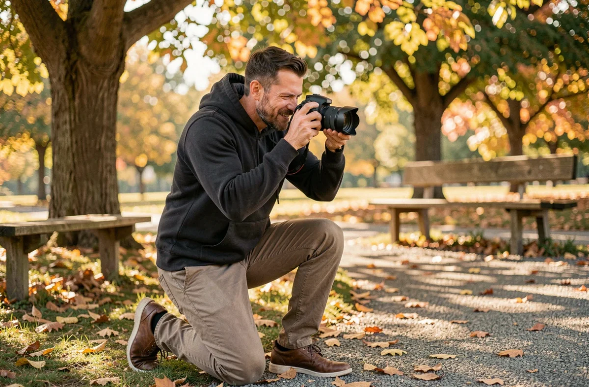 Photographe d'Instants2Vie agenouillé capturant un moment de vie de famille dans un parc automnal
