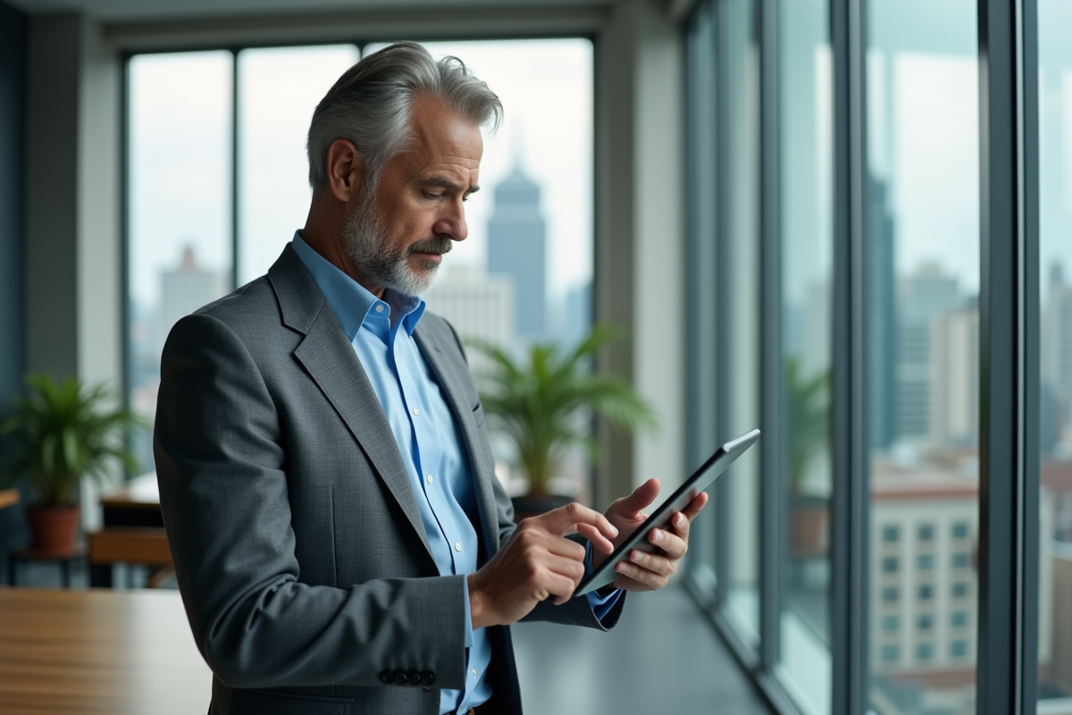 Homme investisseur regardant une tablette avec skyline en arrière-plan