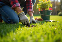 Jardinier en action enlevant des mauvaises herbes dans le jardin