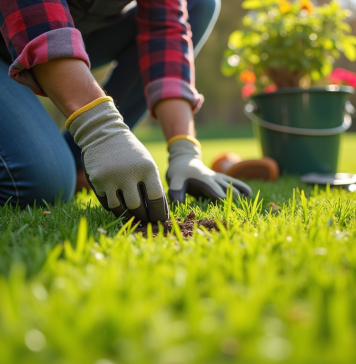 La lutte contre les mauvaises herbes : comment désherber le gazon Jardinier en action enlevant des mauvaises herbes dans le jardin