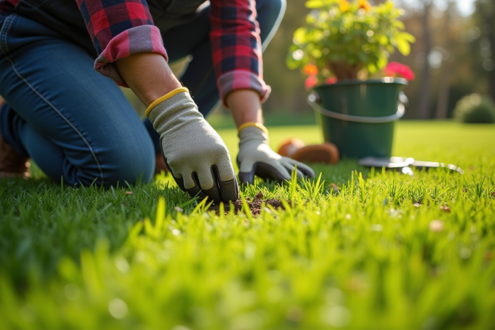 Jardinier en action enlevant des mauvaises herbes dans le jardin