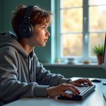 Jeune adulte jouant à un jeu de stratégie sur PC dans un bureau lumineux