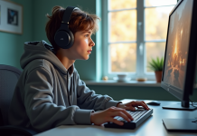 Jeune adulte jouant à un jeu de stratégie sur PC dans un bureau lumineux