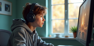 Jeune adulte jouant à un jeu de stratégie sur PC dans un bureau lumineux